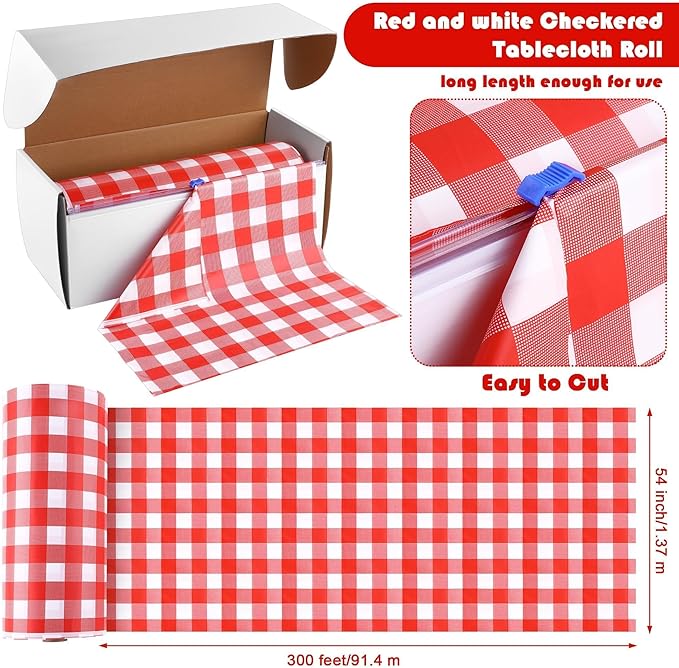 54 Inch x 300 Ft Red Checkered Plastic Table Cloth Roll Disposable Waterproof Table Cover with Easy Slide Cutter for Outdoor Picnic/Home Dining/Spring Party