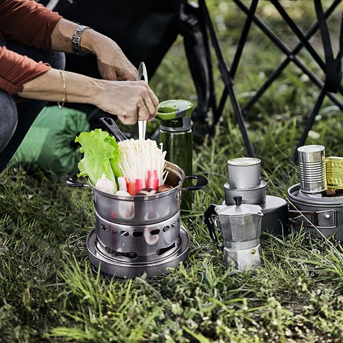Camping Stove With Pot 16cm Stainless Steel Alcohol Stove Portable Camp Oven Cookware Set for Indoor Outdoor Camping Hiking Backpacking Picnic, No Electricity Required Adjustable Fire (1-2 people)