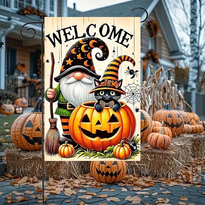 Halloween Garden Flag for Outside 12x18 Inch Double Sided, Gnome Pumpkin Small Yard Flags for Outside, Outdoor Welcome Flag Front Porch Decorations for Home