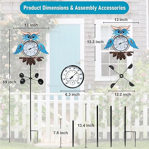 Outdoor Thermometer for Patio - Owl Garden Stake Thermometer with Wind Spinner Design - 60 inch Outside Temperature Gauge for Yard - Easy to Read, Durable & Weatherproof - Garden Decor