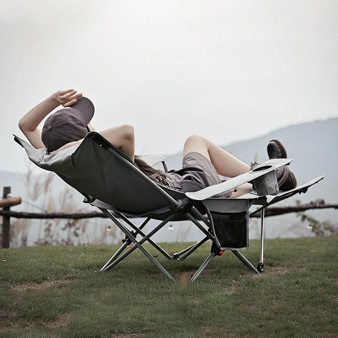 2-in-1 Reclining Camping Chair, Portable Folding Beach Lounge Chair with Footrest & Adjustable Backrest, Comfortable Lawn Chair for Adults Heavy Duty with Cup Holder for Outdoor Poolside Sports