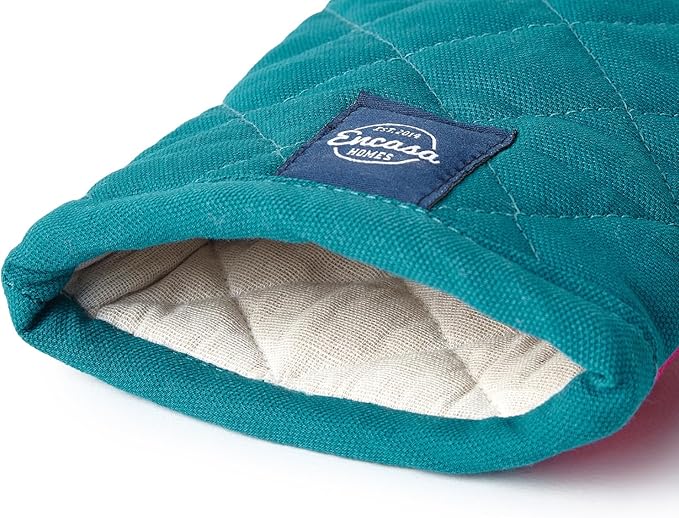 Encasa XO Heat Resistant Cotton Oven Gloves Mitts (2 Pc Set) - Quilted & Safe 12x7 in - for Kitchen, Cooking & Baking, Grilling, Handling Hot Pots & Pans - Azul Blue