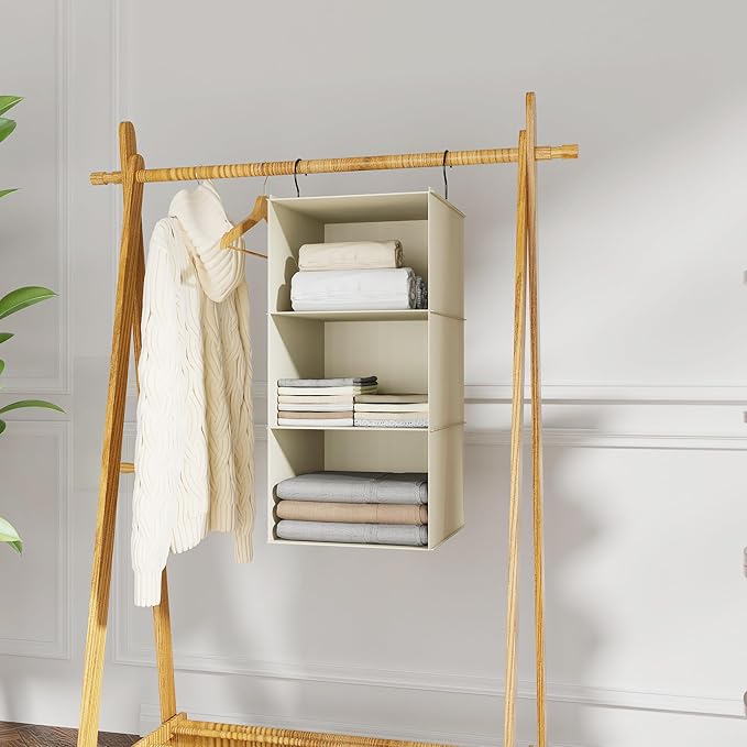Hanging Closet Organizer and Storage 3-Shelf, Easy Mount Foldable Hanging Closet Wardrobe Storage Shelves, Clothes Handbag Shoes Accessories Storage, Washable Oxford Cloth Fabric, Beige