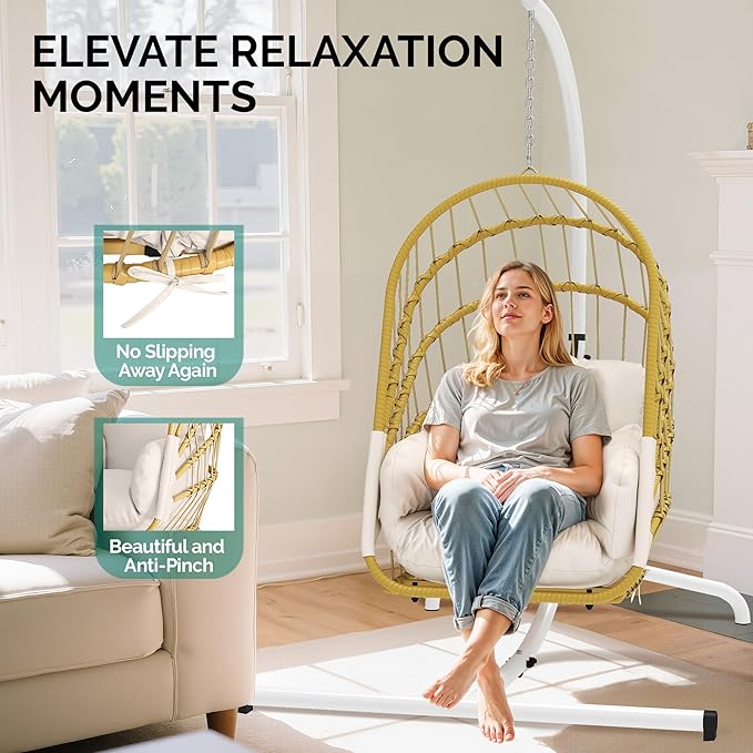 YITAHOME Hanging Egg Chair with Stand, Rattan Wicker Swing Egg Chair with Cushion, 370lbs Capacity, Foldable Hanging Basket Chair for Porch, Garden, Bedroom, Balcony - Beige
