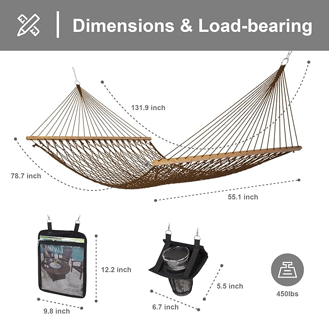 SUNCREAT Portable 2 Person Hammock with Carrying Bag, Tree Hooks, Magazine Bag, Bottle Holder, Heavy Duty Hanging Tree Hammock, Brown