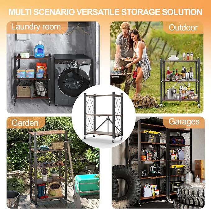 3 Tier Vintage Multifunctional Folding Shelf with Wheels, Portable Heavy Duty Storage Shelving, No-Assembly Folding Bookshelf, Metal Collapsible Rack Unit for Kitchen, Office, Bedroom, Rustic Brown