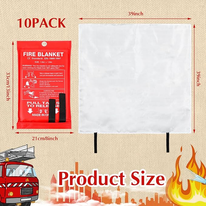 Macarrie 10 Pack 39” x 39” Fire Blanket Emergency for Home Kitchen Safety Suppression Blanket Fiberglass Fireproof Survival for Car Office (Red)