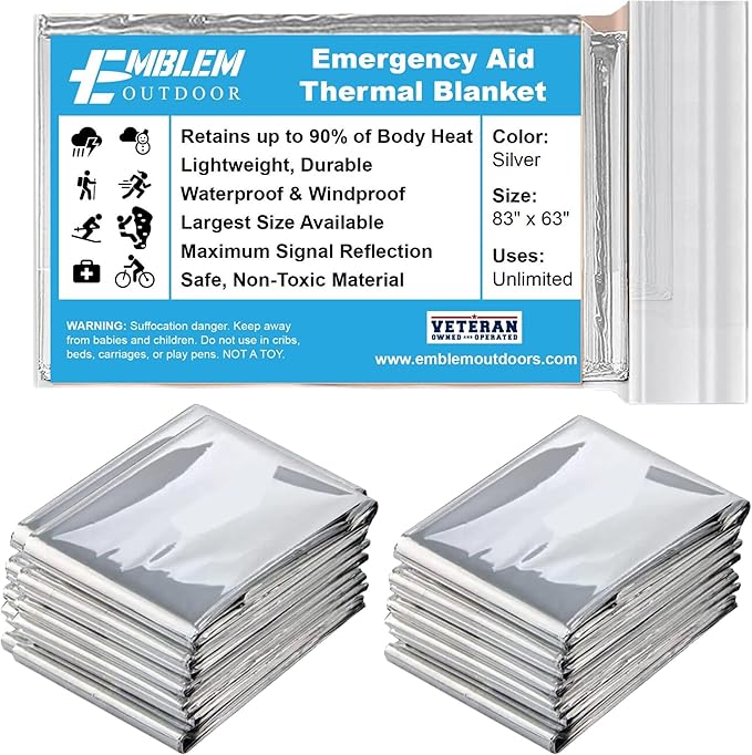 Thermal Emergency Blanket for Survival, Hiking, Camping, First Aid, and Bug Out Bag for Protection from Cold, Rain, and Weather Exposure. Heavy Duty Mylar-Survival Blanket for Car, Outdoors