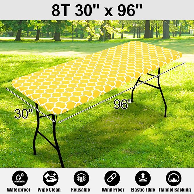 Smiry Rectangle Picnic Table Cover, Waterproof Elastic Fitted Camping Tablecloths for 8 Foot Tables, Wipeable Flannel Backed Vinyl Tablecloth Protector for Indoor, Outdoor (Yellow, 30x96 Inches)