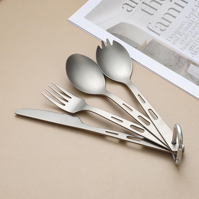 Titanium 4-Piece Silverware Set - Lightweight, Eco-Friendly Camping & Backpacking Cutlery (Knife, Fork, Spoon, Salad Spoon) with Carrying Bag for Outdoor Travel, Hiking & Picnic