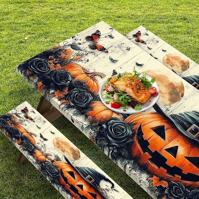 CAPSCEOLL Elastic Picnic Table Cover with Bench Covers 5Ft Waterproof Fitted Picnic Table Cover Cloths for Outdoors Camping Tablecloth with Drawstring Bag, 60X30in, Halloween Pumpkins