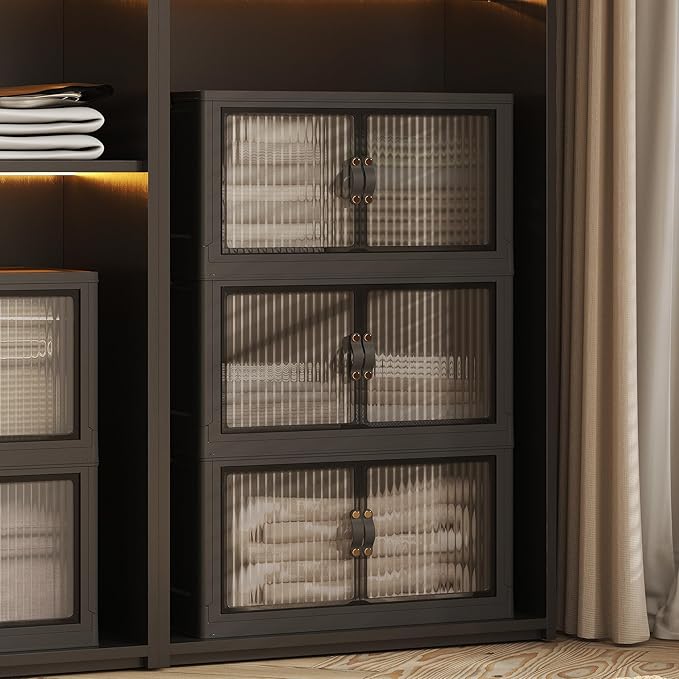 JONZEN 3-Pack 105Qt Black Modern Stackable Storage Bins with Lids, Closet Organizers for Home, Bedroom, Garage & Kitchen