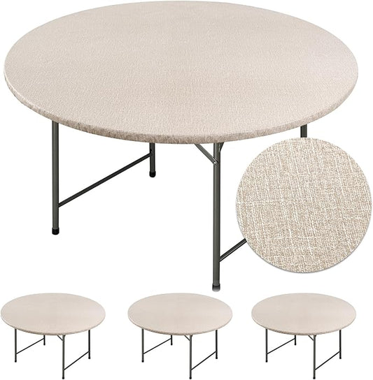 Fitable 4 Pack Vinyl Fitted Round Table Cover with Elastic- Waterproof Faux Linen Tablecloth Flannel Backed Wipeable Table Cloth for Picnic Camping, Nature (Fit for 36"-44" Round Tables)