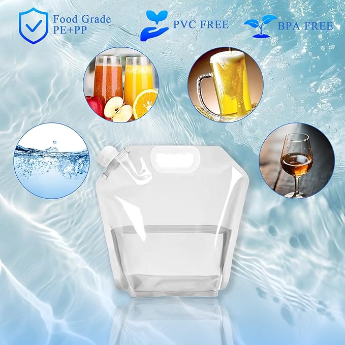 4 Pack Collapsible Water Jugs, 1.3/2.6 Gallon - BPA Free Clear Plastic Water Bag with Handle for Camping, Emergency, Hiking - Leakproof Freezable Collapsible Water Container Bags(4 x 5L)