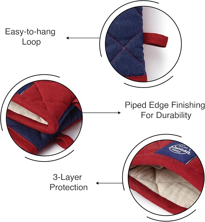 Encasa XO Heat Resistant Cotton Oven Gloves Mitts (2 Pc Set) - Quilted & Safe 12x7 in - for Kitchen, Cooking & Baking, Grilling, Handling Hot Pots & Pans - Red