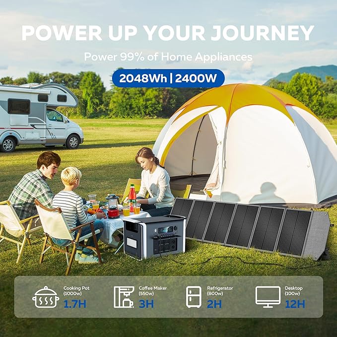 Portable Power Station 2048Wh with 200W Solar Panel - 2400W Solar Generator LiFePO4 Battery 1000W AC Output for RV Camping Emergency Backup