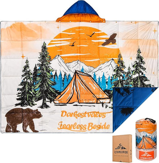 Puffy Camping Blanket with Detachable Hooded Snap-Poncho Waterproof Double-Sided Printed Reversible for Travel, Hike Cold Weather, Bear