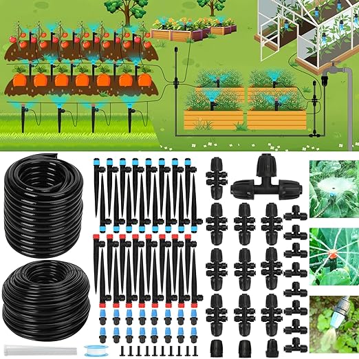 250FT Drip Irrigation Kit – 2025 New Quick-Connect Micro Irrigation System with 50FT 1/2'' Tubing, Locking Nozzle Emitters, Adjustable Misting Sprayers for Gardens, Lawns, Raised Beds and Greenhouses