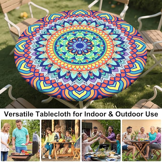 Round Tablecloth Fitted Elastic Table Cover Waterproof Table Cloth for Dinner, Party, Picnic,Camping, Round Table Cover for Indoor Outdoor