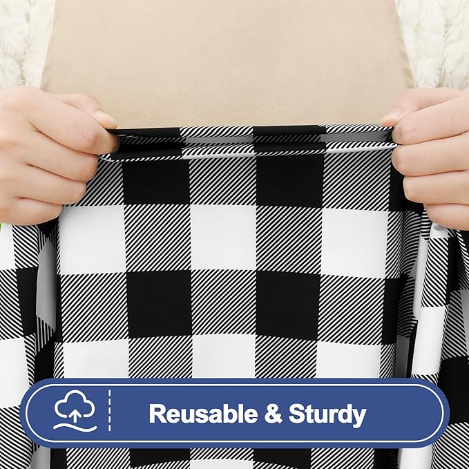 Smiry Picnic Table Cover with Bench Covers, Waterproof Elastic Fitted Tablecloths for 8 Foot Rectangle Tables, Washable Buffalo Plaid Tablecloth for Camping, Outdoor (Black & White, 30"x96")