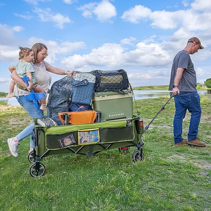 Timber Ridge 51.2'' Extended Collapsible Wagon Cart with Brakes and Cargo Net, 350LBS Heavy Duty Foldable Utility Wagon with Adjustable Handle, 400L Capacity Portable Cart for Camping Sports Shopping