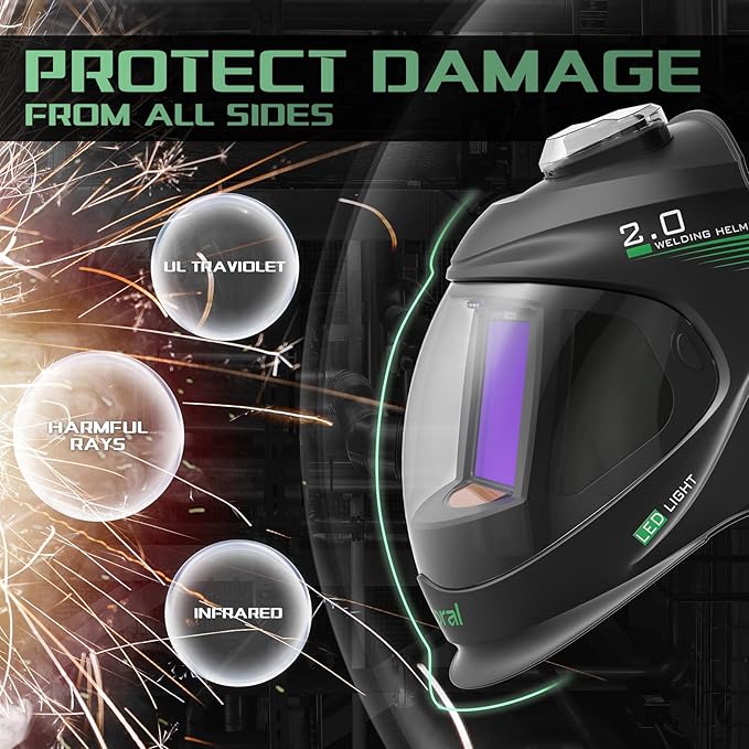 Panoramic View Auto Darkening Welding Helmet with Light，1/1/1/1 True Color Solar Powered Welding Hood Mask，4 Arc Sensor Wide Shade for TIG MIG ARC Cut,Grinding