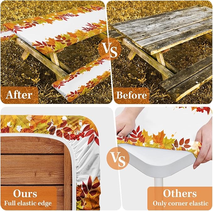 Picnic Table Cover with Bench Covers Elastic Edges, Leaves Fall Fitted Table Cover, Outdoor Patio Camping Essentials 72 Inch 3PCS, Waterproof Camping Fitted Tablecloth with Drawstring Bag