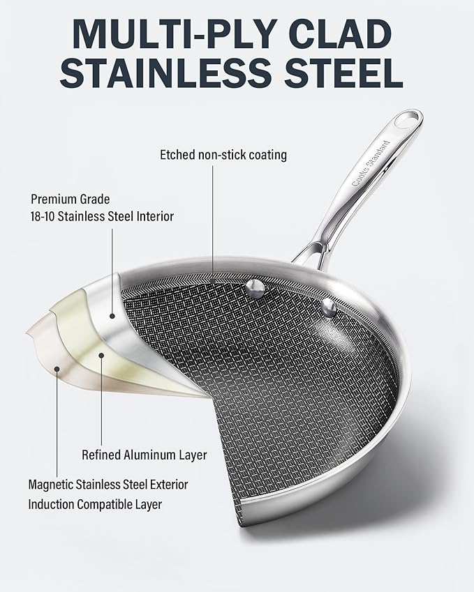 Cooks Standard Hybrid Nonstick Frying Pan, 12-Inch Skillet, Multi-Ply Clad Stainless Steel Fry Pan with Tempered Glass Lids, Oven Safe, Compatible with All Stovetops