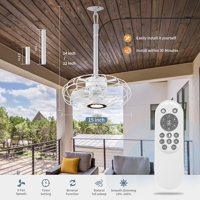 Outdoor Ceiling Fans with Lights, 15''White Hanging Gazebo Fan,3-Color LED Light, Adjustable Height, 6 speeds, Waterproof Plug in Caged Lighting for Patios, Pergola