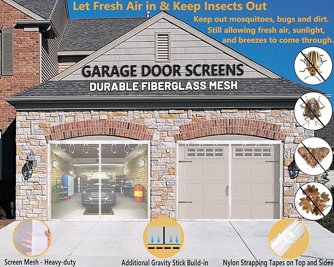 Magnetic Garage Door Screen Kit 12x8 FT White - Retractable Mesh Net Screen Door with Fiberglass Mesh for 1 Car Garage 12x8ft, Blocks Bugs & Provides Privacy - Perfect for Workshop Gym Patio