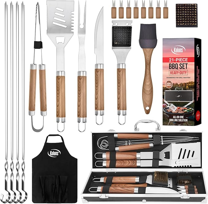 Kaluns Grilling Accessories, Dad Gifts for Christmas Grilling Gifts, Heavy Duty Stainless Steel BBQ Grill Tools Set for Outdoor Grill with Aluminum Case and Apron, Dad Birthday Gifts for Men Husband