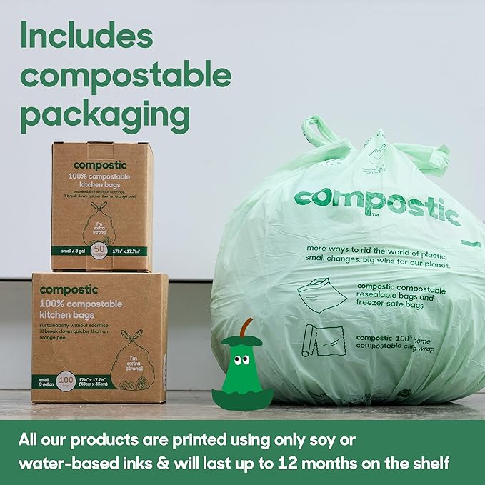 Home Compostable Trash Bags, 3 Gallon Small Kitchen Rubbish Bags (17” x 17.7”), Extra Strong & Quickly Breaks Down, 100 Count