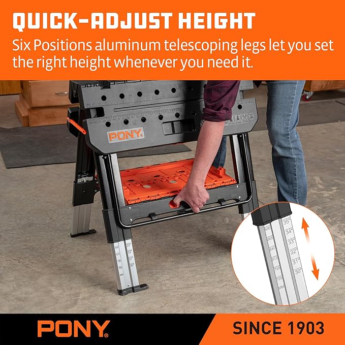Pony Portable Folding Work Table, 2-in-1 as Sawhorse & Workbench, 31” W×25” D×25”-35”H, Large Load Capacity with 4pcs Clamps, 4pcs Bench Dogs