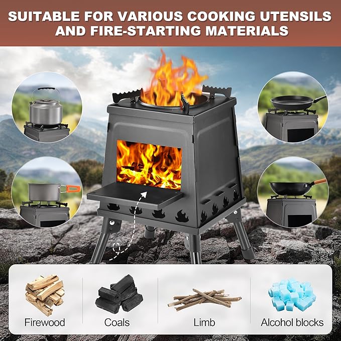 Wood Burning Stove, Camping Wood Stove, Small Portable Cast Iron Wood Stove: Compact Outdoor Cooking Solution with Carrying Bag (Lager)