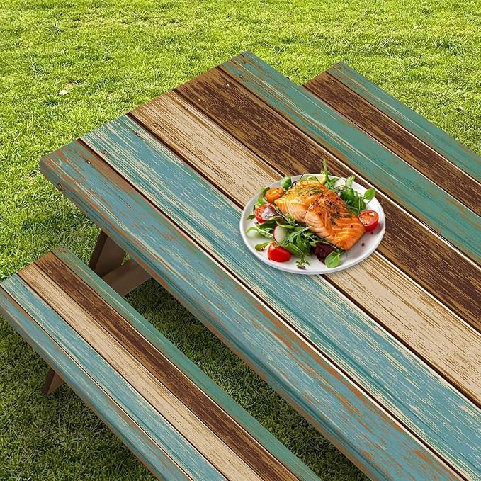 CAPSCEOLL Elastic Picnic Table Cover with Bench Covers 5Ft Waterproof Fitted Picnic Table Cover Cloths for Outdoors Camping Tablecloth with Drawstring Bag, 60X30in, Blue Brown Wood