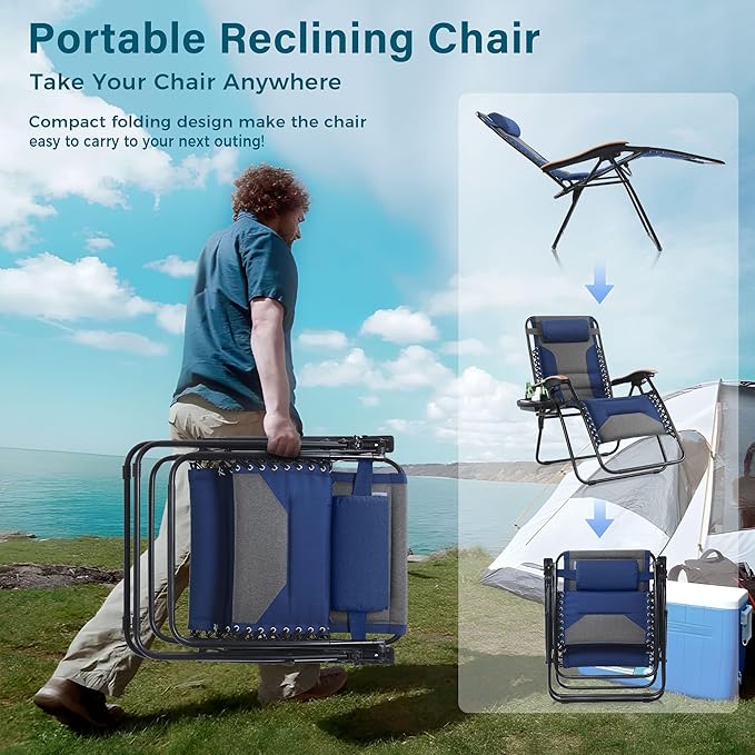 MFSTUDIO Zero Gravity Chairs, Oversized Patio Recliner Chair, Padded Folding Lawn Chair with Cup Holder Tray, Support 400lbs, Cyan