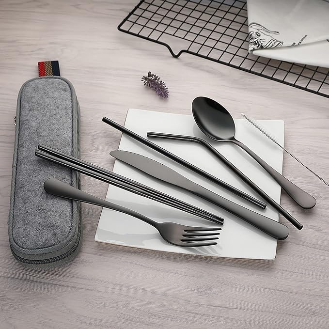 DEVICO Portable Utensils, Travel Camping Cutlery Set, 8-Piece including Knife Fork Spoon Chopsticks Cleaning Brush Straws Portable Case, Stainless Steel Flatware set (Black)