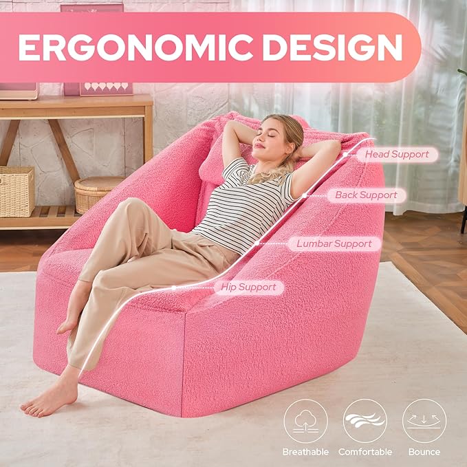 HABUTWAY Inflatable Bean Bag Chairs for Adult Blow up Chair Portable Inflatable Bean Bag Couch w/Electric Air Pump,Handle & Side Pocket for Movie Night Reading Gaming Living Room - Dark Pink