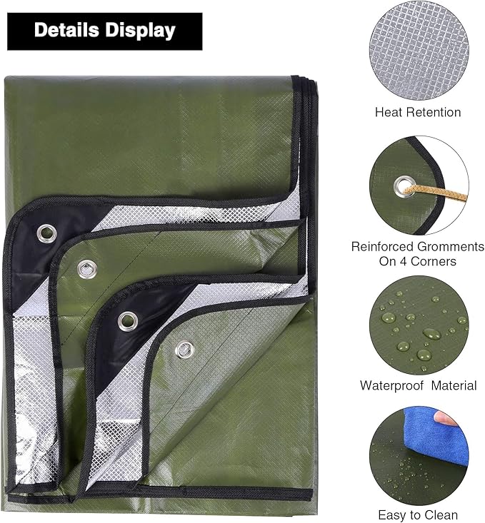 RedSwing 2 Pack Heavy Duty Waterproof Emergency Thermal Tarp, Insulated Survival Blanket for Outdoor Camping, Hiking, and Emergency Shelter, Green