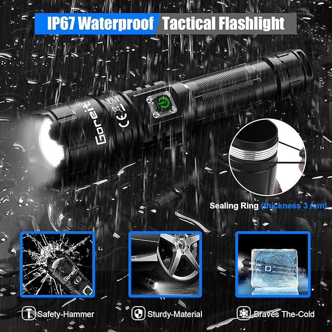 Goreit Flashlights High Lumens Rechargeable, 2000 Lumen XHP70.2 LED Flashlight USB Super Bright Flash Lights, High Powered Handheld Flashlights for Emergencies Camping, Waterproof, Adjustable Focus