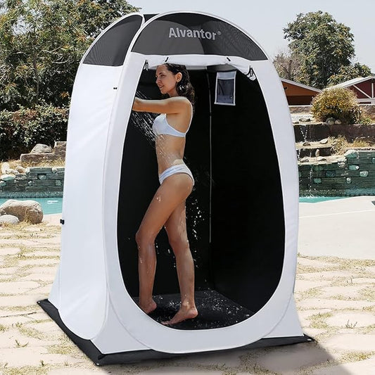 Alvantor Shower Tent Pop Up Changing Room Outdoor Shower Enclosure Pop Up Privacy Tent Toilet Tent Camping Dressing Portable Shelter Teflon Coating Fabric 4’x4’x7' Patent Pending, White