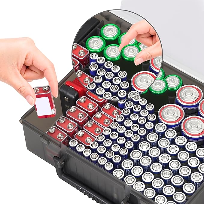 RISOU Battery Organizer Storage Case,Stores More Than 95 Batteries - Battery Storage Box for AA AAA 9V C D Lithium 3vLR44 CR2016 CR1632 CR2032 CR2025 (CASE ONLY) (Black)