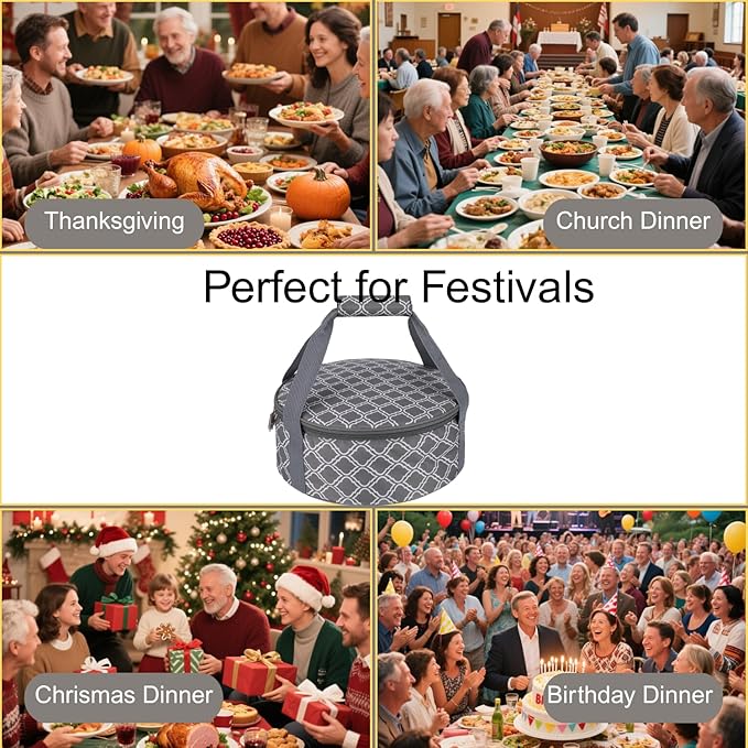 Round Portable Insulated Thermal Dish Carrier Bag for Pie and Cake Transport to Keep Food Hot/Cold/Fresh for Lunch, Potlucks Parties Gathering,Cookouts,Church Dinner,Outdoor Events-Sliver Grey