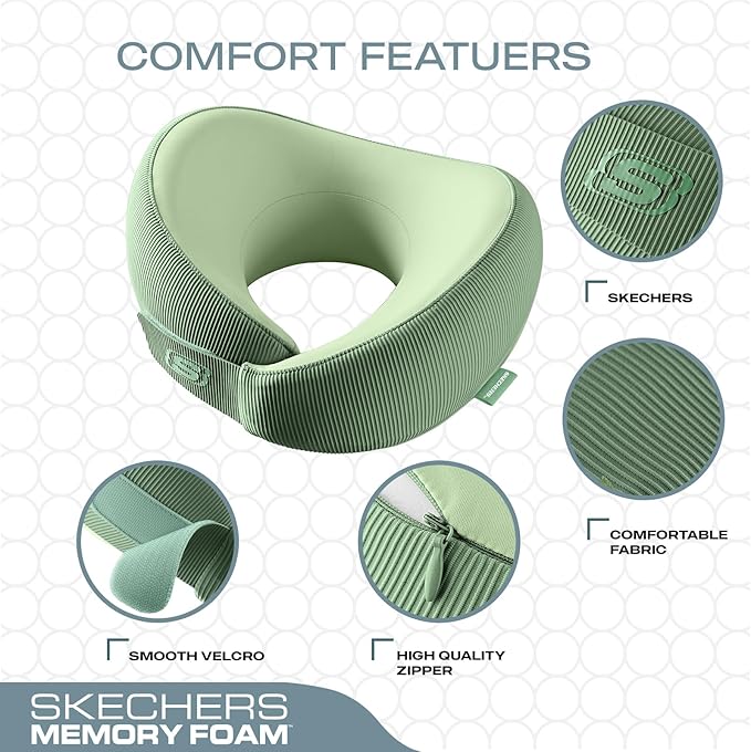 Skechers Memory Foam Neck Pillow, Comfortable & Breathable Travel Pillow,Neck Pillow Airplane for Travel, Car Rides, Home, and Office Use, Ergonomic Design for Men and Women,Green