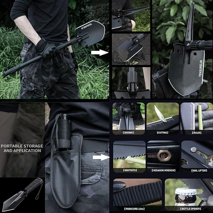 TENSURELING Survival Shovel, Folding Camping Shovel, High Carbon Steel Military Tactical Trench Spade with Pickaxe, Multitool Entrenching Tool for Off Road, Gardening, Metal-Detecting, Digging