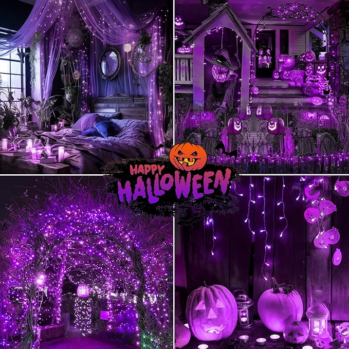 SANJICHA Purple Extra-Long 66FT 200 LED Halloween Lights for Indoor/Outdoor, Super Bright 8 Lighting Modes Plug in String Lights for Halloween Decorations Bedroom Party Garden Patio Tree (Purple)