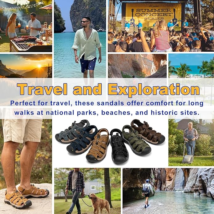 Men's Sport Sandals Closed Toe Leather Hiking Athletic Walking Outdoor Beach Trail River Fishing Water Shoes Lightweight Comfortable Waterproof