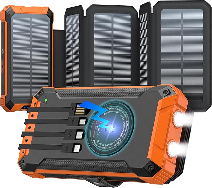 GOODaaa Power Bank Wireless Charger 36800mAh Solar Charger with Five Solar Panels Built-in Four Cable Five Outputs Portable Power Bank for Cell Phone with Dual Flashlights, Carabiner