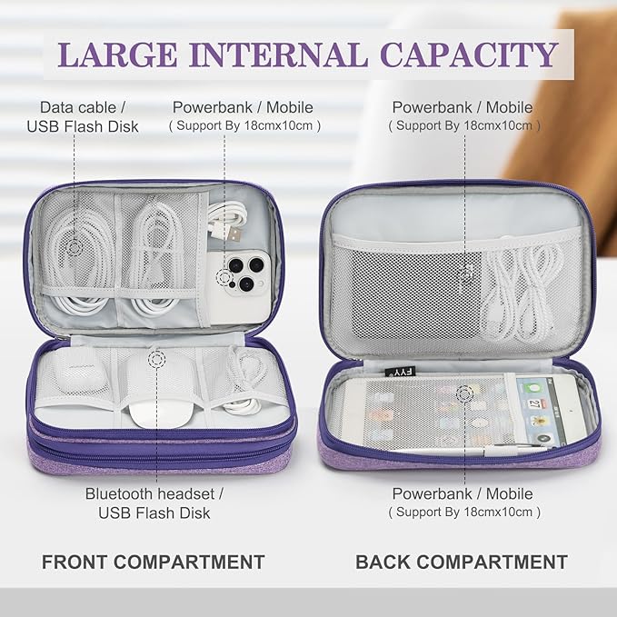 FYY Electronic Organizer, Large Travel Cable Organizer Bag Pouch Electronic Accessories Carry Case Portable Waterproof Double Layers All-in-One Storage Bag for Cable, Cord, Charger, Dark Purple