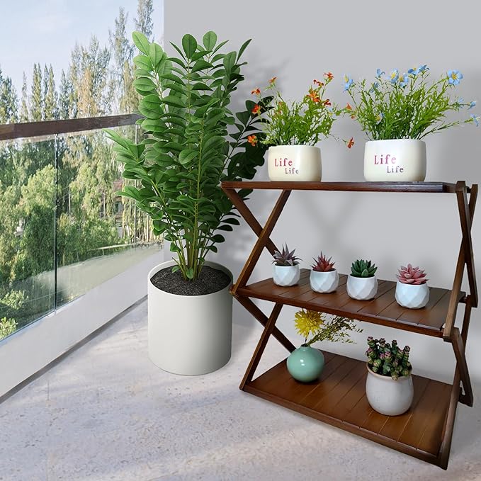 Foldable Bamboo Shelf, Folding Shoe Rack, Flower Rack, Camping Rack, No Installation Required, Portable, Space Saving, Multi-Purpose Storage Rack (Walnut,3 Tiers)